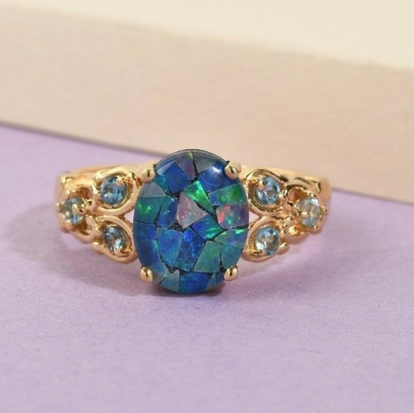 SOLDMosaic Electric blue Opal and Topaz Ring in sterling silver - Picture 2 of 7